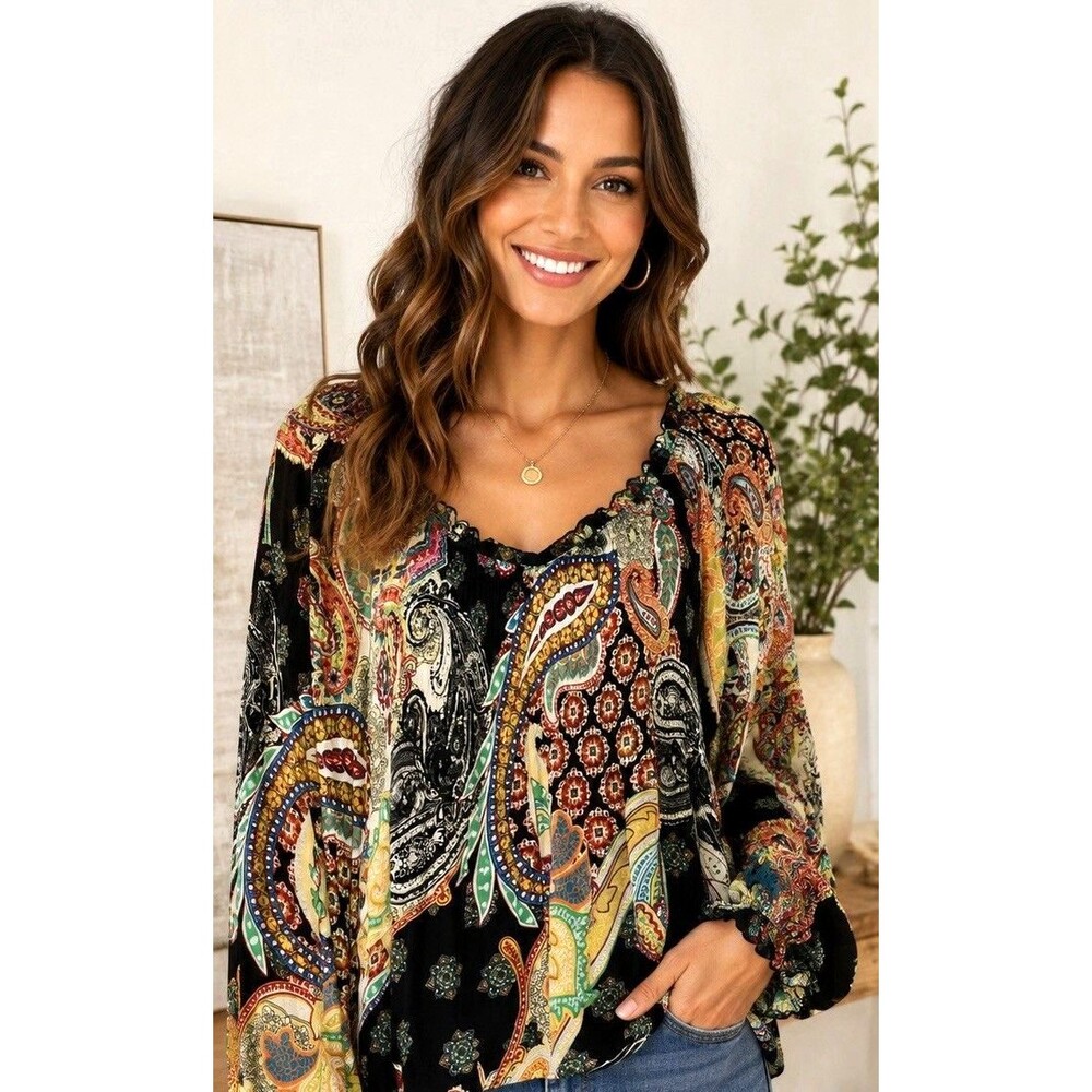 Sunny Leigh Women’s Medium Paisley Peasant Boho Blouse Black Multicolor Cuffs